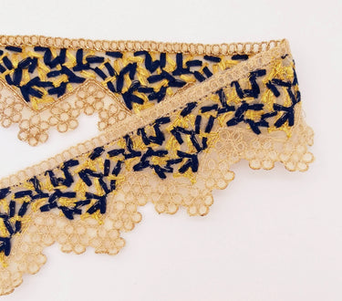 Gold Sheer Tissue Fabric Cutwork Trim with Embroidery in Gold and Navy Blue, Scallop Trim, Fringe Trim